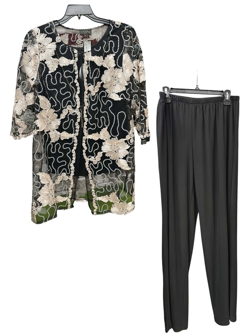 Laura Embroidered Floral Mesh Jacket with Black Straight-Leg Pants Size L